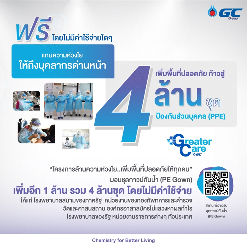 แทนความห่วงใยให้ถึงบุคลากรด่านหน้า GC ส่งมอบชุดกาวน์กันน้ำเพิ่มอีก 1 ล้านชุด รวม 4 ล้านชุด